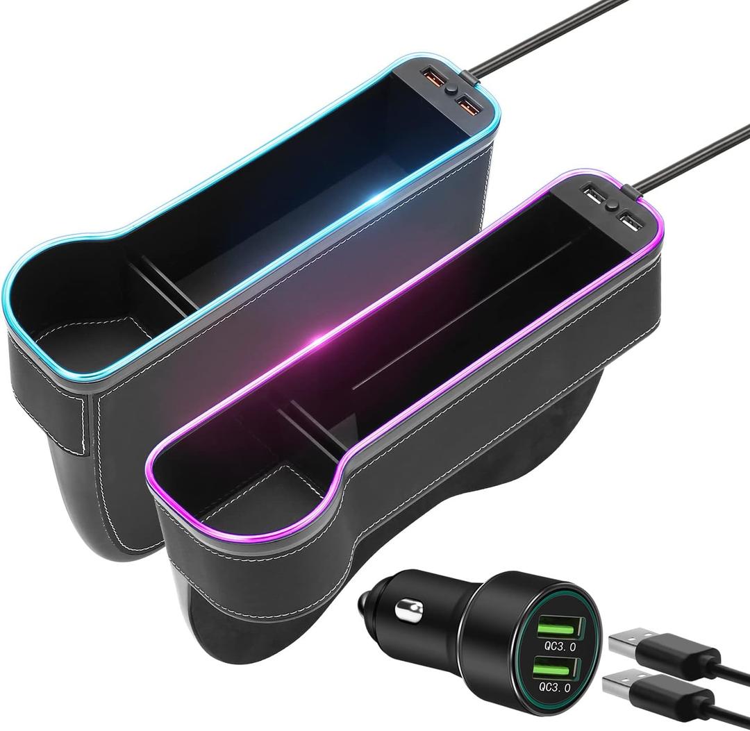 7 Color Led Car Seat Gap Organizer with 56W Fast Charger Car Organizer & Storage Front Seat Gap Filler with USB Cup Holder,Car Charger Storage Box fit for Android iPhone (Black)