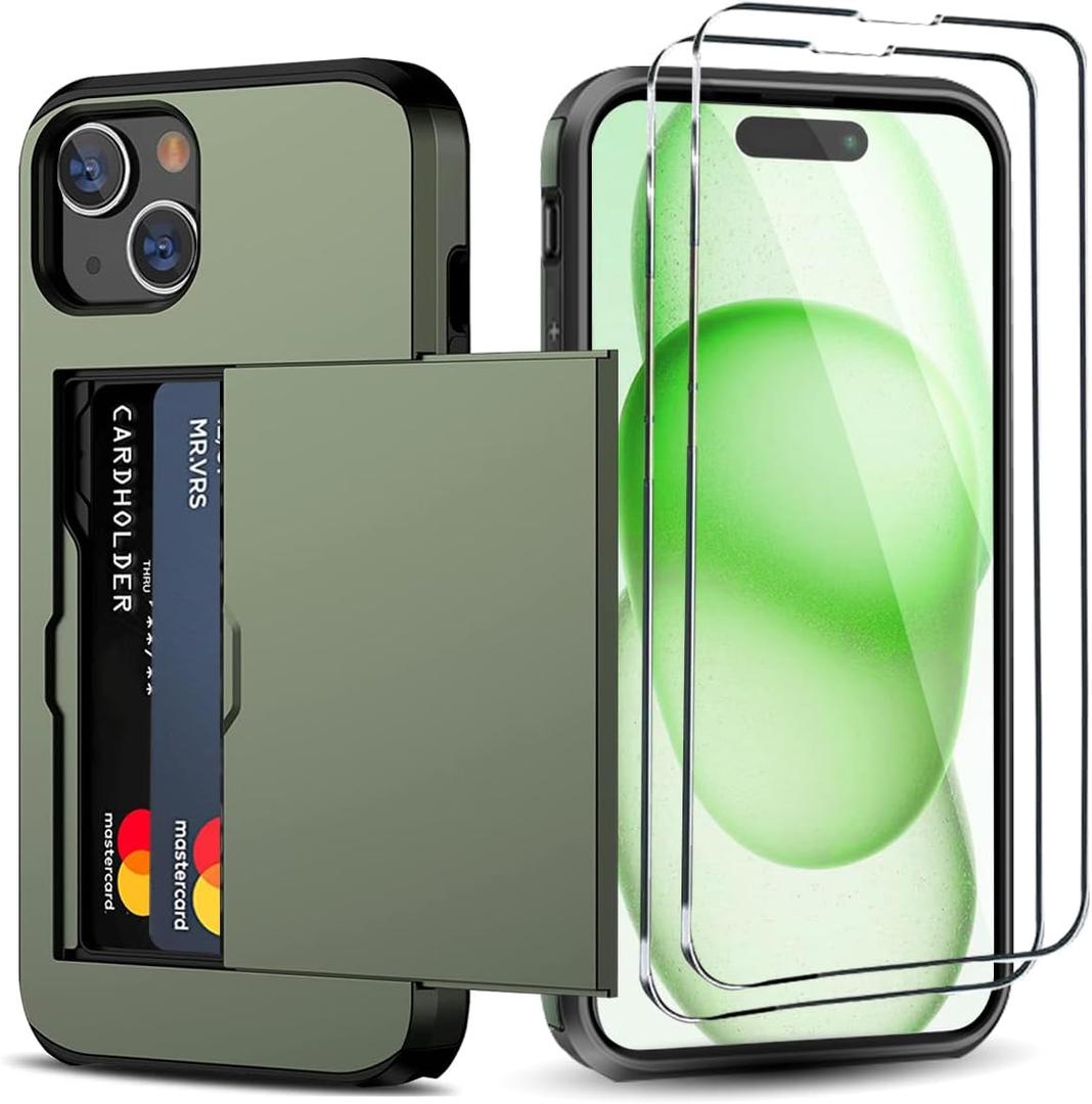 for iPhone 15 Wallet Case with Card Holder + 2 Tempered Glass Screen Protector Heavy Duty Protective Dual Layer Shockproof Hidden Card Slot Slim Case Women Men 6.1 inch (Deep Green)