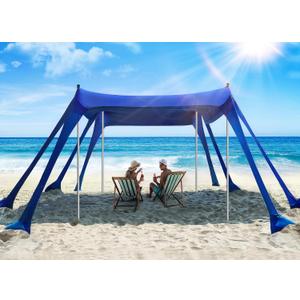 Beach Tent, Beach Canopy Sun Shade with UPF50+ UV Protection, 10x10ft, Includes 8 Sandbags, Sand Shovel, Ground Pegs & 4 Stability Poles, Pop Up Sun Shelter for Camping, Picnics, Backyard Fun