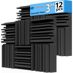 TroyStudio Thick Acoustic Foam Panels, 12 X 12 X 3 Inch 12 Pcs Broadband Sound Absorbing Foam, Dense Soundproof Padding Tile, Recording Studio Foam Absorber, Groove Decorative 3D Wall Ceiling Panel
