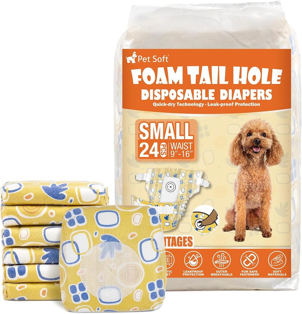 Pet Soft Female Dog Diapers - Disposable Dog Diapers with Adjustable Foam Tail Hole, Cat & Puppy Diaper for Dogs in Heat or Incontinence, Small (24Pcs, Yellow)