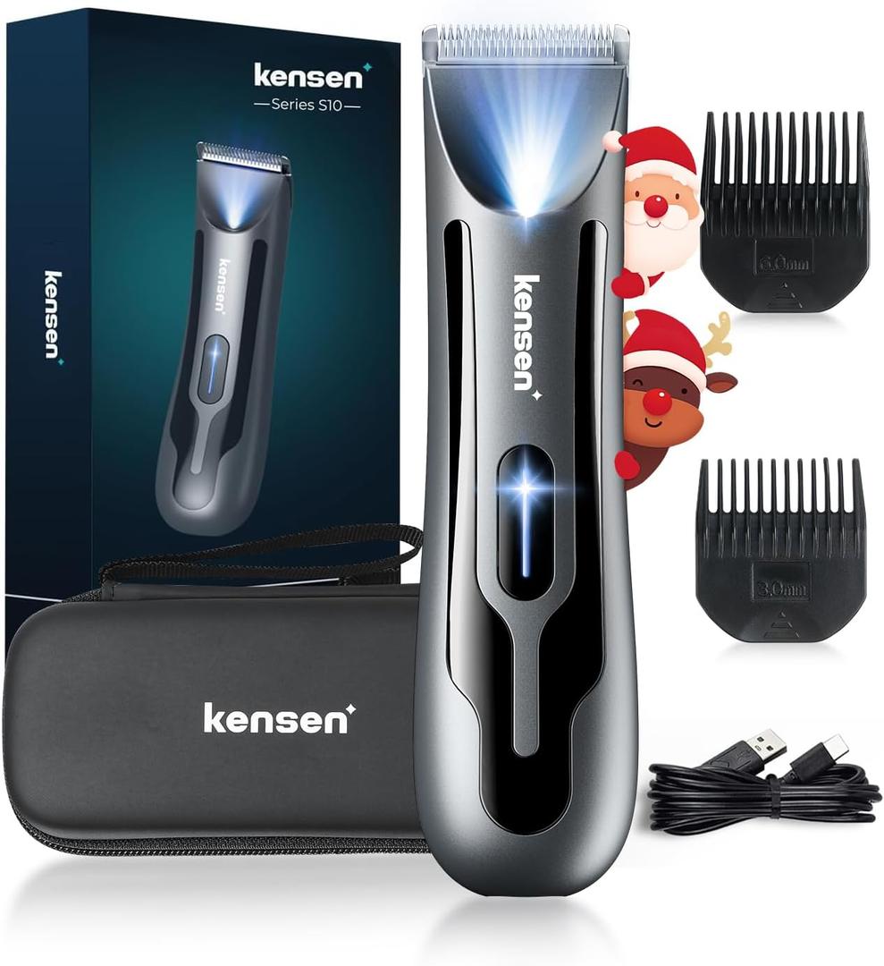 kensen Body Hair Trimmer for Men - Groin & Pubic Hair Trimmer with Ceramic Blades, Manscape Body Shaver for Men with LED Light Ball Shaver IPX7 Waterproof Wet/Dry Rechargeable Body Trimmer Mens Gift (Black)