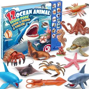 12Pack Ocean Animal Toy for Kid with Sound Book(On/Off), Gift Box, Realistic Sea Creature Figure, Educational Plastic Under the Sea life for Toddler, Birthday Party Favor, Water Table Toy for Boy Girl