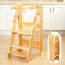 FUNLIO Foldable Kitchen Step Stool, Montessori Step Stool for Kids 2-6 Years, 3-Level Height Adjustable Standing Tower, CPC & CE, Easy to Assemble, Natural