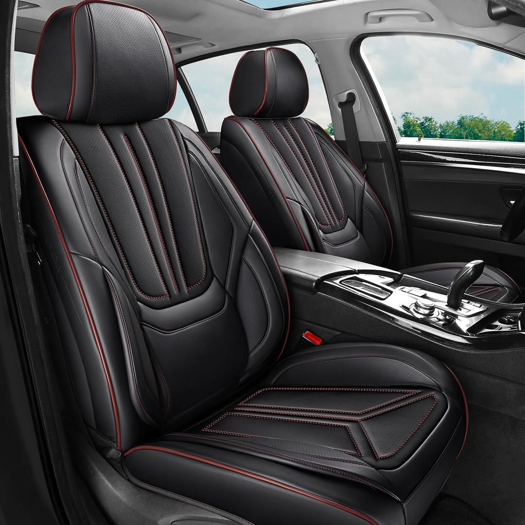 Car Seat Covers Full Set Black and Red line, Premium Leather Car Seat Covers, Waterproof and Breathable Seat Covers, Universal Car Seat Protector Fit for Cars, Trucks, SUVs, Pick-ups