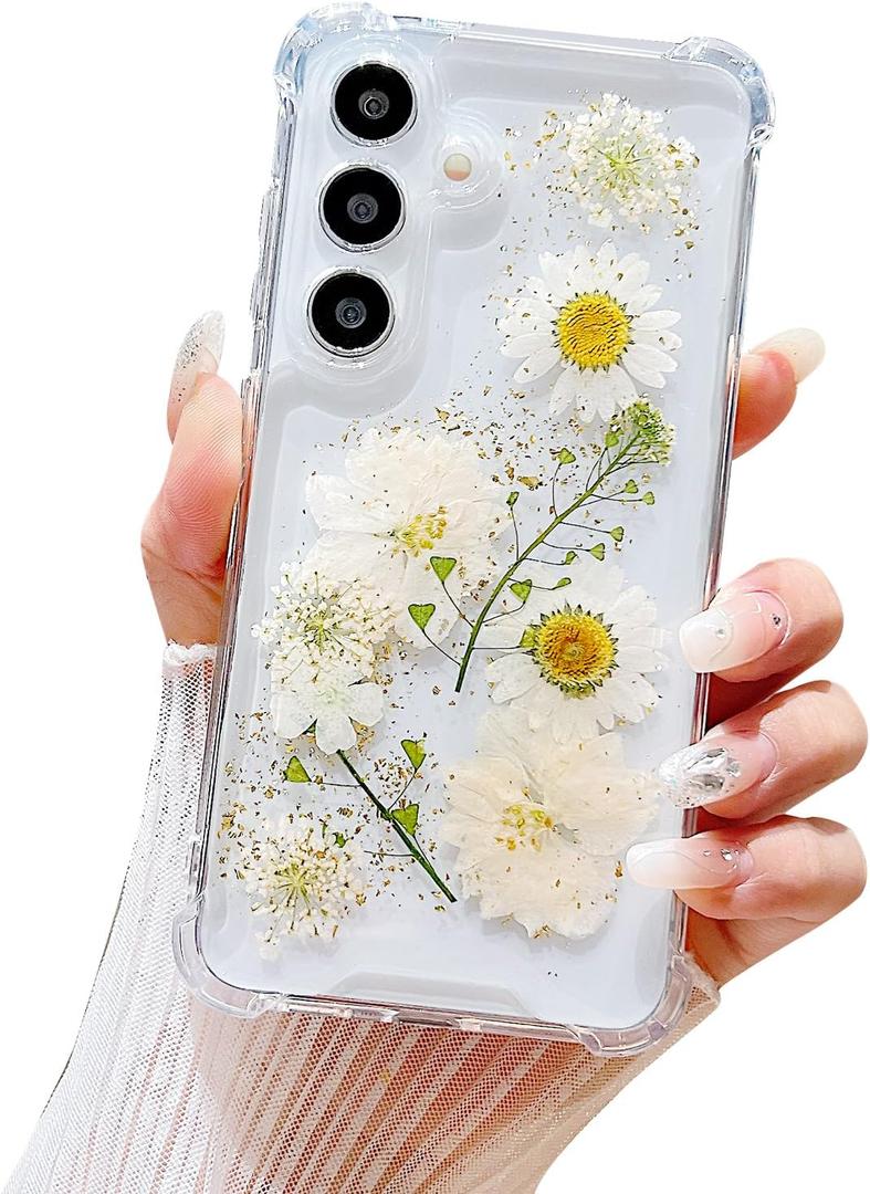 Compatible with Samsung Galaxy S24 Case Cute Pressed Dried Real Flowers Design Women Girly Shockproof Gliter Floral Clear Phone Cover for Galaxy S24 (White Flower)