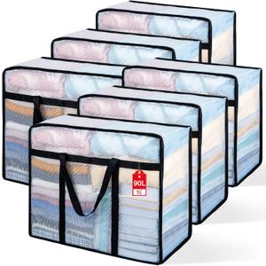 6 Pack Clear Blanket Storage Bags, 90L Plastic Comforter Clothes Storage Bags Underded Moving Bags Closet Organizers and Storage Zippered Sturdy Handle for Bedding, Clothes, Linen, Toys, Quilt, Duvet