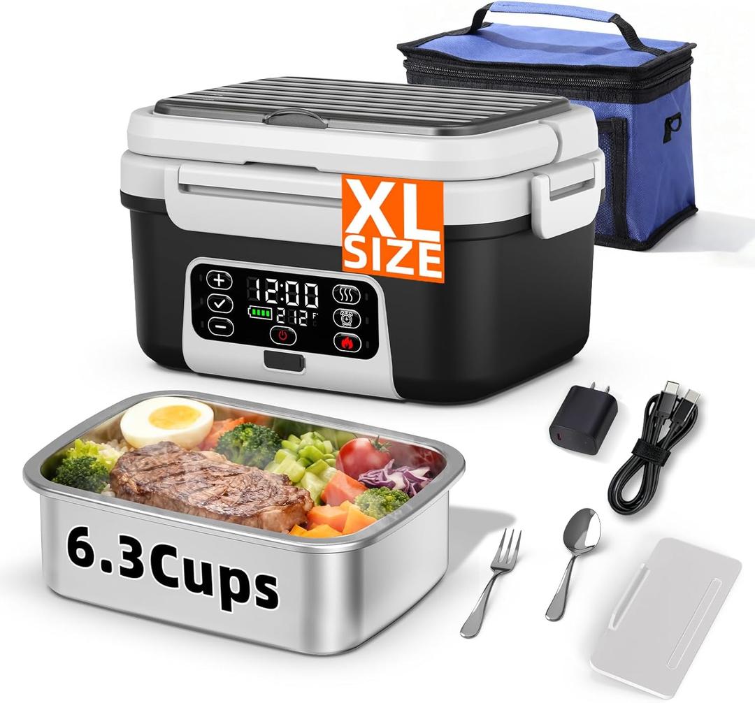XL 6.3-Cups Cordless Electric Heated Lunch Box for Adults, 20000mAh Rechargeable Battery Powered Smart Self Heating Lunchbox for Men Women, 100W Food Warmer for Trucks Driver Travel Office Worker (AA)