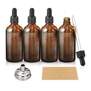 AOZITA 4 Pack, 100ml Dropper Bottles with 1 Funnel & 4 Labels - Essential Oils Bottles for Health, Personal Care & Beauty - 3.4oz Thick Dark Amber Glass Tincture Bottle with Eye Droppers, Leakproof