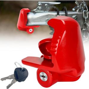 Trailer Hitch Locks with Keys, Universal Size Fit 1-7/8,2-5/16,2 Inch Ball Hitch Coupler Lock, Adjustable Heavy Duty Steel Trailer Tongue Lock for Boat, Trailers and RV, Anti-Theft Hitches, Red- Pack of 1