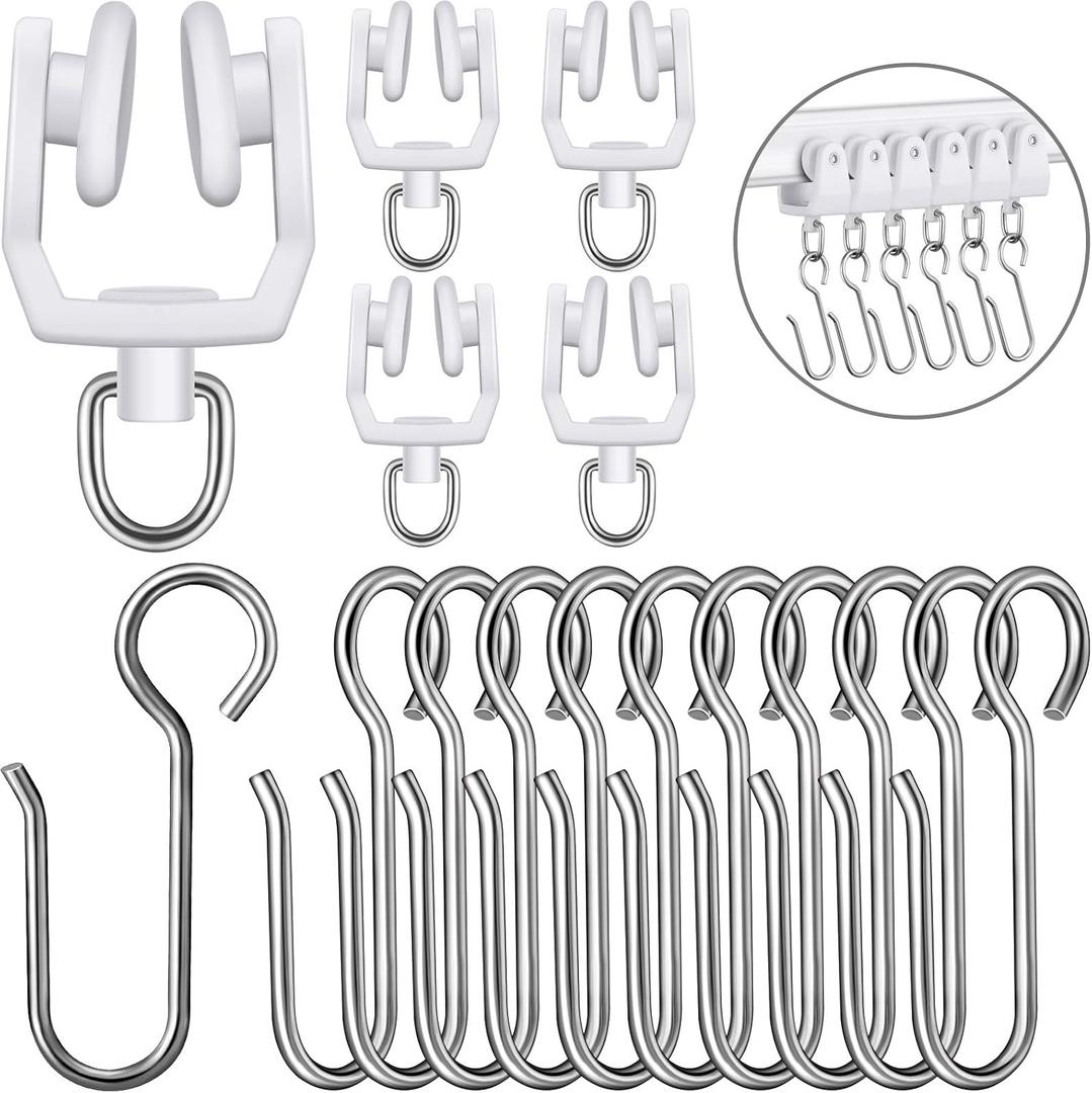 120 Pieces Curtain Track Sets, Ceiling Mount Curtain Track Hooks and Rollers Metal Shower S Hooks Straight Curved Rollers