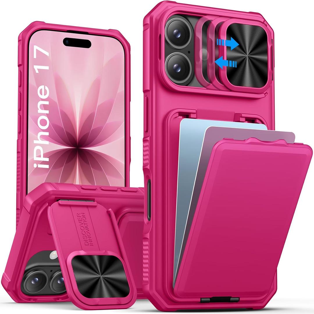 SSLOTSCASE for iPhone 17 Case Wallet with Card Holder & Camera Cover Stand & Kickstand & Sliding Camera Lens Cover, Men Women Hard Military-Grade Protection Phone Case Cover for iPhone 17 2025, Pink