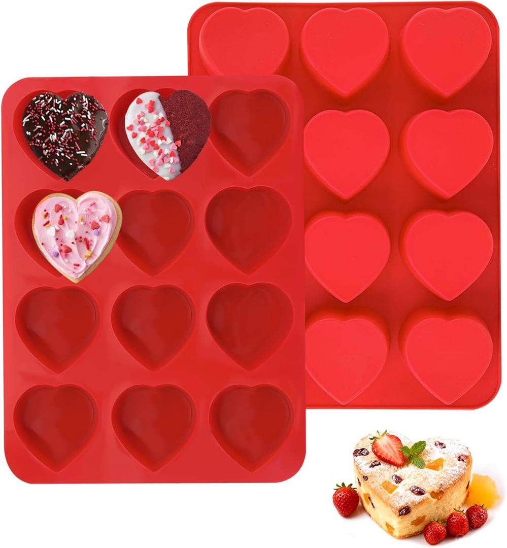MEMOVAN Heart Chocolate Mold 2 Pack Heart Shaped Muffin Pan Heart Nonstick Silicone Cake Candy Jello Mold Love Shapes Tartlets Molds for Pudding Soap Baking Brownies Egg Bites Valentine's Day