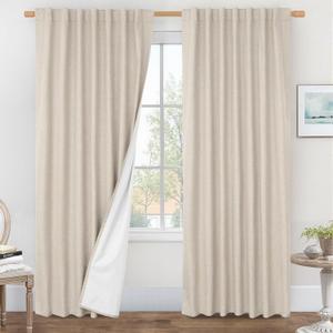 LAMIT Oatmeal 100% Blackout Linen Curtains, 84 Inch Linen Textured Living Room Farmhouse Curtains Room Darkening Back Tab and Rod Pocket Burlap Neutral Panels with White Liner, 2 Panels, 60 x 84 Inch