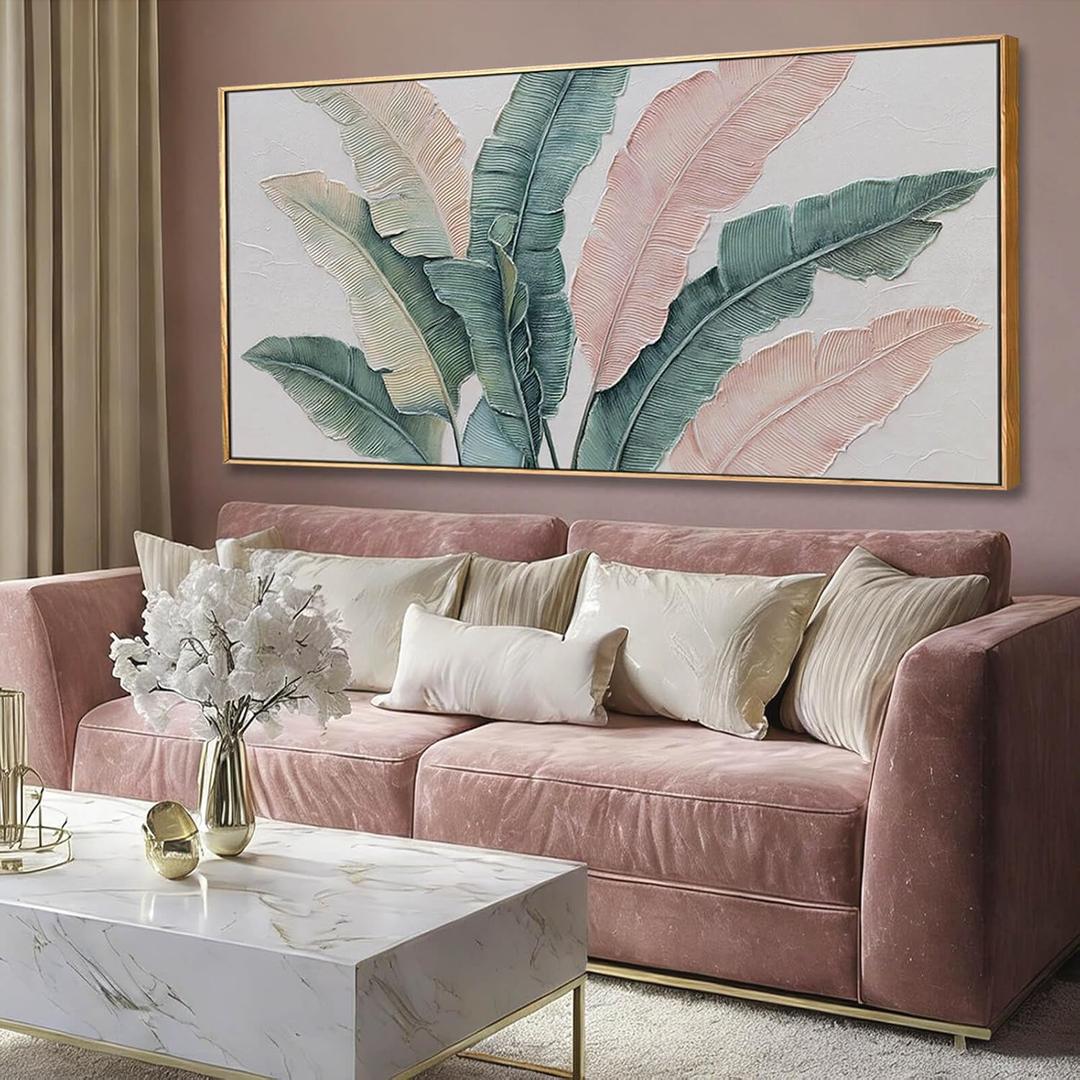 Tropical Green and Pink Leaf Wall Art 24x48 Inch, Large Framed Canvas Prints with Wooden Frame, Botanical Home Decoration for Bedroom Living Room or Office