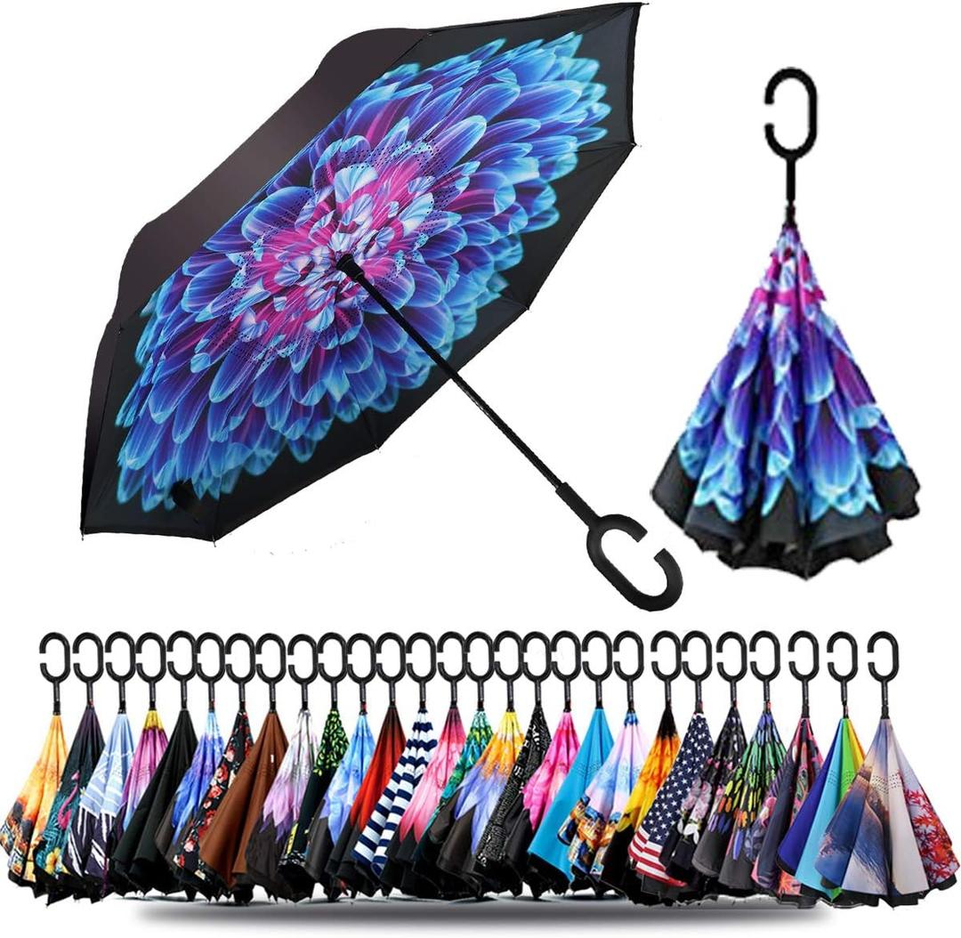SIEPASA 49/56 Inch Inverted Reverse Upside Down Umbrella, Extra Large Double Canopy Vented Windproof Waterproof Stick Golf Umbrellas with C-shape Handle.