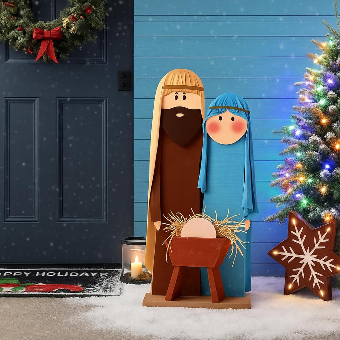 Weysat 35.43" H Christmas Outdoor Nativity Scene Porch Decor Wooden Merry Christmas Christian Vertical Porch Sign Welcome Front Door Standing Rustic Tall Welcome Sign Nativity Scene Wall Decorations