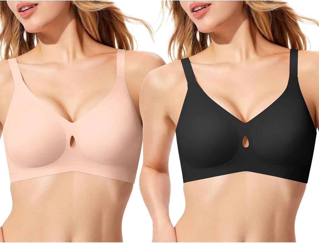 Bras for Women No Underwire Wireless Jelly Bras Full Coverage Seamless Push Up Bralettes Support Tshirt Bra (Medium, Black+skin)