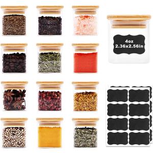 Glass Food Storage Jars Square 4oz, 12 Pack Glass Jars With Bamboo Lids, Kitchen Storage Containers For Spice, Candy, Cookie, Storage For Pantry Organizers