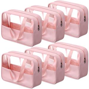 Reginary 6 Pcs Large Clear Makeup Bags, Toiletry Organizer with Zipper and Handle Strap, Portable Cosmetic Bag Waterproof Transparent for Travel Vacation, 11.8 x 8.3 x 3.9 Inch(Pink)