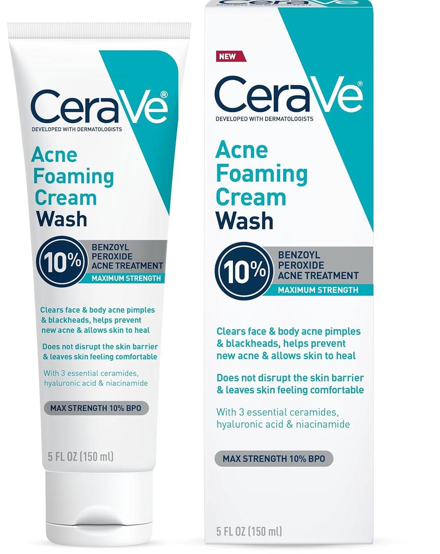 CeraVe Acne Foaming Cream Wash, Gentle Face and Body Cleanser with Benzoyl Peroxide 10%, Hyaluronic Acid, and Niacinamide, 10% Benzoyl Peroxide Treatment Clears Pimples and Blackheads, 5 Oz