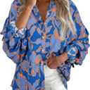 Astylish Womens 2026 Boho Floral Loose Spring Summer Tops Lantern Sleeve Flowy Blouses V Neck Button Down Shirts (M)