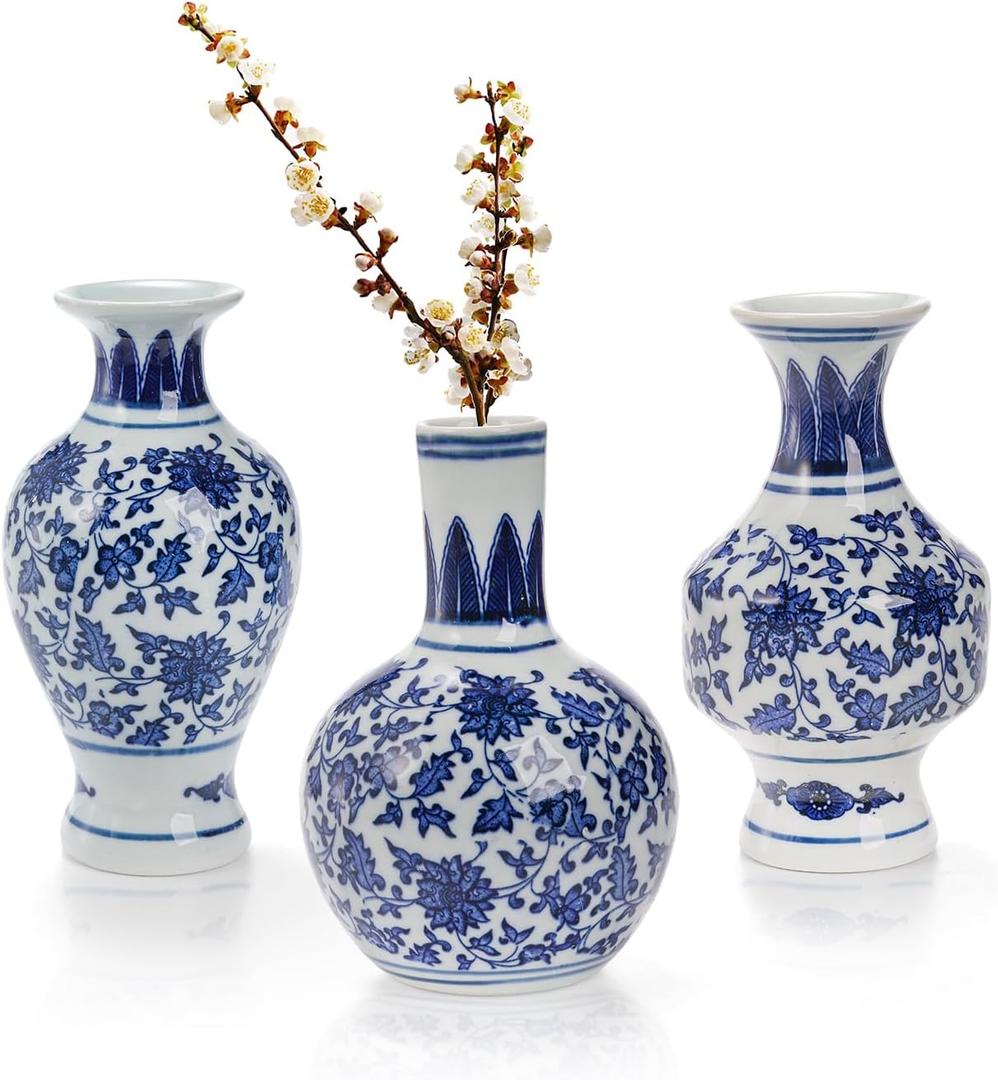 Goaste 3 Pack Small Blue and White Porcelain Vases, 5.5 Inch Tall Mini Vintage Vases, Classic Decorative Bud Vases, Chinoiserie Ceramic Vases for Home Decor, Office, Party Decoration and Events