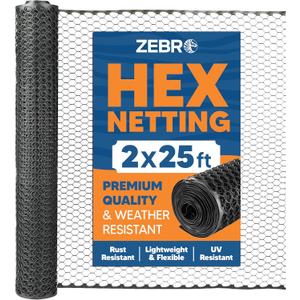 Plastic Hex Chicken Wire Mesh Garden Fence Roll (2' x 25' - Black) - Versatile Poultry Netting and Garden Fence for Temporary or Semi-Permanent Enclosures, Deer Fencing, and Construction Barriers