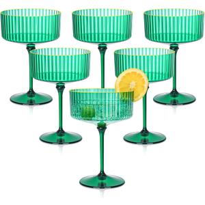 HKSZEH 12 PCS Plastic Martini Glasses 10 oz Detachable Gold Rim Green Ribbed Coupe Glasses Vintage Christmas Martini Cocktail Glass for Bar,Margarita,Gin,Tequila, Desserts and Snacks