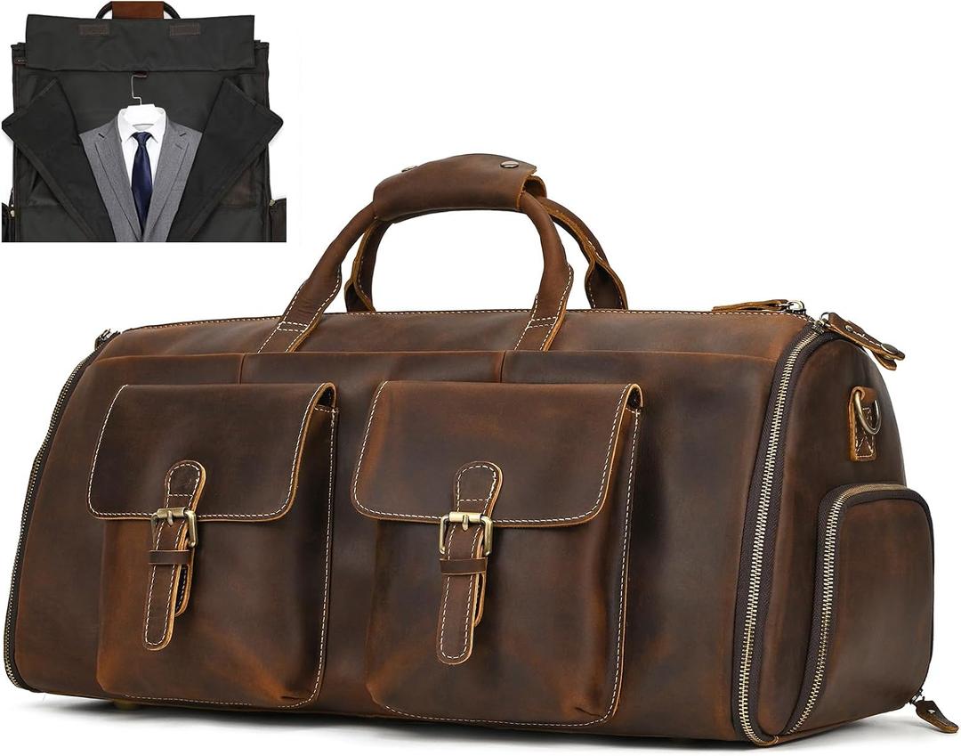 Leather Garment Bag for Men, Convertible Carry on Garment Duffel Bag for Travel Weekender Bag 2 in 1 Hanging Suitcase Suit Bag, 21.7 inches