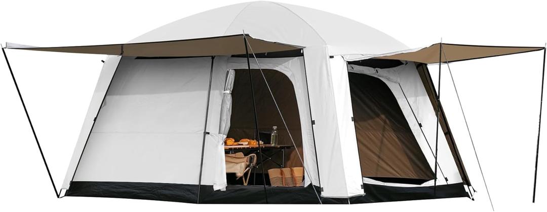 4-6 Person Camping Tent, Large Family Cabin Tents with Porch & Rainfly, Double Layer Waterproof Glamping Tent with 2 Rooms 2 Doors, Portable Big Tents for Outdoor Camping Hiking Party (White)