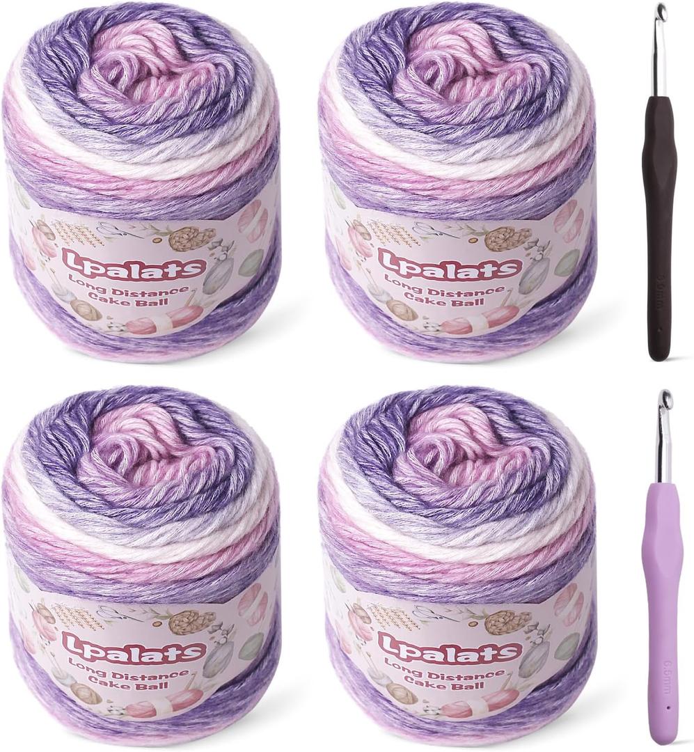 Ombre Yarn for Crocheting - 4x100g Soft 60% Cotton 40% Acrylic Yarn - 962 Yds Gradient Cake Yarns for Knitting Shawls Blankets Sweater with 2 Crochet Hooks (4, Purple Gradient)