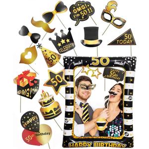 50th Birthday Photo Booth Props, Inflatable Photo Booth Frame, Giant Black Gold Inflatable Selfie Frame, Birthday Party Photo Props, for Women Men Birthday Party Decorations, Random Style (Black Gold 50th)