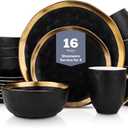 Stone Lain Florian Modern Porcelain 16 Piece Dinnerware Set, Plates and Bowls Set, Dish set for 4, Black And Golden Rim