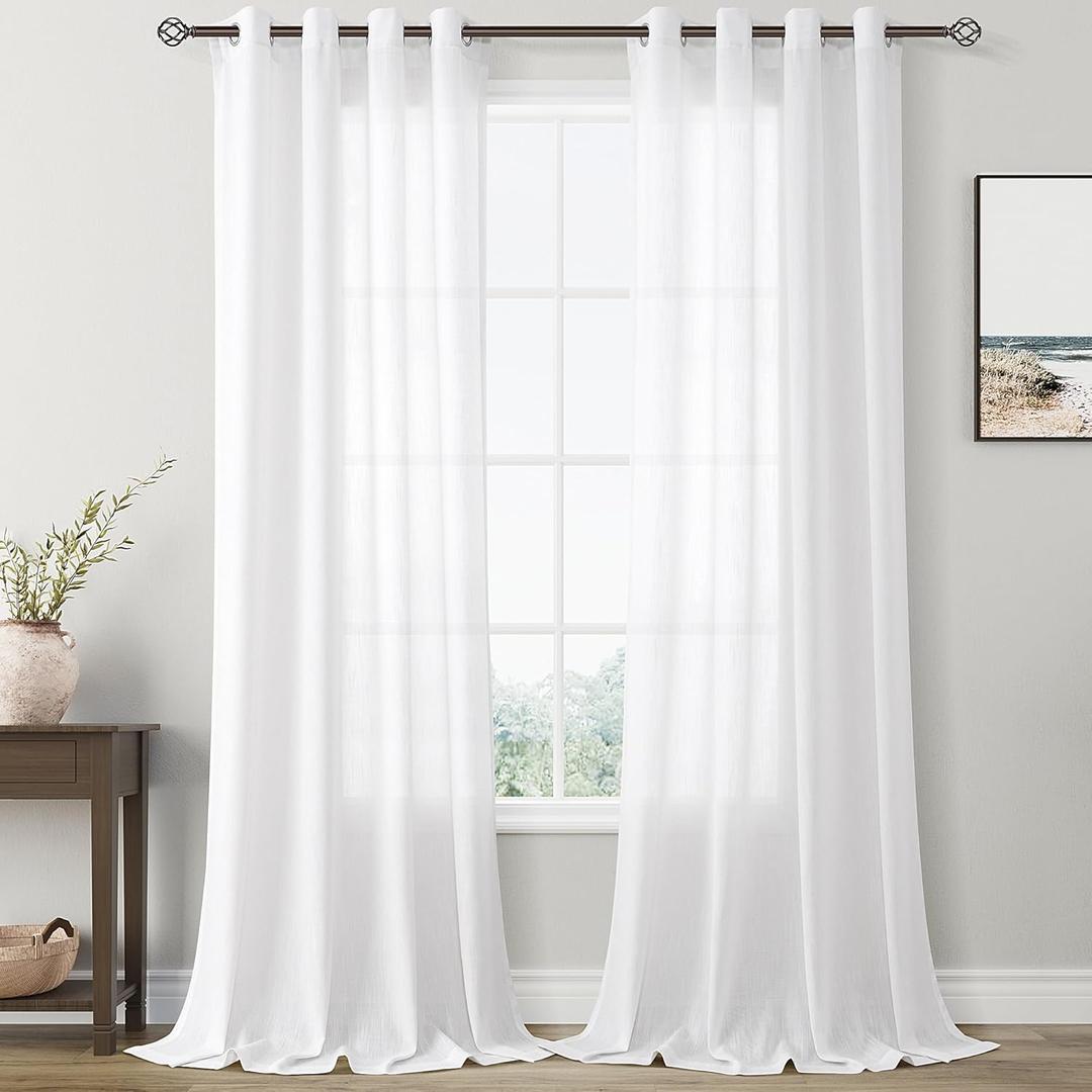 Linen Sheer White Curtains 102 inches Long for Living Room Light Filtering Privacy Thick Sheer Curtain Drapes Modern Elegant Cotton Textured Grommet White Gauze Window Curtains 102 Length Muslin Look