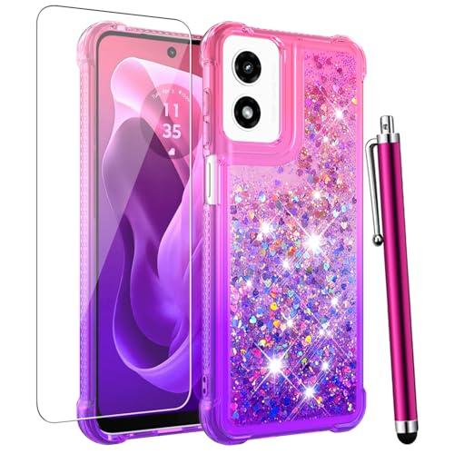 CAIYUNL for Moto G Play 2024 Case with Screen Protector, Cute Women Girls Glitter Bling Liquid Floating Phone Case Slim TPU Soft Silicone Shockproof Girly Cover for Motorola G Play 2024 -Pink Purple