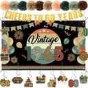 RoundFunny 24 Pcs Vintage 60th Birthday Decorations for Men Women 1965 Banner Decorations, Including Back in 1965 Backdrop, Cheers to 60 Years Banner, 12 Hanging Swirl, 10 Paper Poms