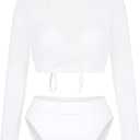 Kisscynest Women's Push up Pad Long Sleeves Shirt 3pcs Bikini Sets Swimwear White XL