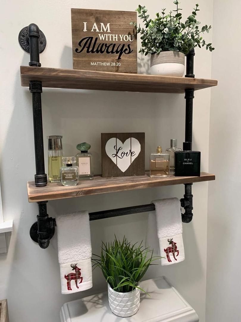 Industrial Pipe Shelf Bathroom Shelves Wall Mounted,19.6in Rustic Wood Shelf with Towel Bar, 2 Tier Farmhouse Towel Rack Over Toilet, Pipe Shelving Floating Shelves Towel Holder, Retro Grey