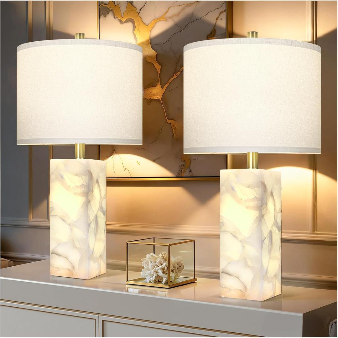 Scenekoy Alabaster Table Lamp Set of 2 with Night Light for Bedroom Living Room, 23" Rotary Switch Bedside Lamp with Linen Shade, Modern Nightstand Lamps for Room Office Dorm (Bulb Included) (White)