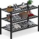 Haddockway Large 3 Tier Bamboo Shoe Rack Storage Organizer, Multifunctional Free Standing Stackable Shoe Shelf with Grid Panel for Closet,Hallway,Entryway,Small Space 27"x12"x21" (Black)