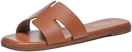 Rihero Women's Dressy Flat Sandals Comfortable Slip On Leather Slide Sandals 9.5
