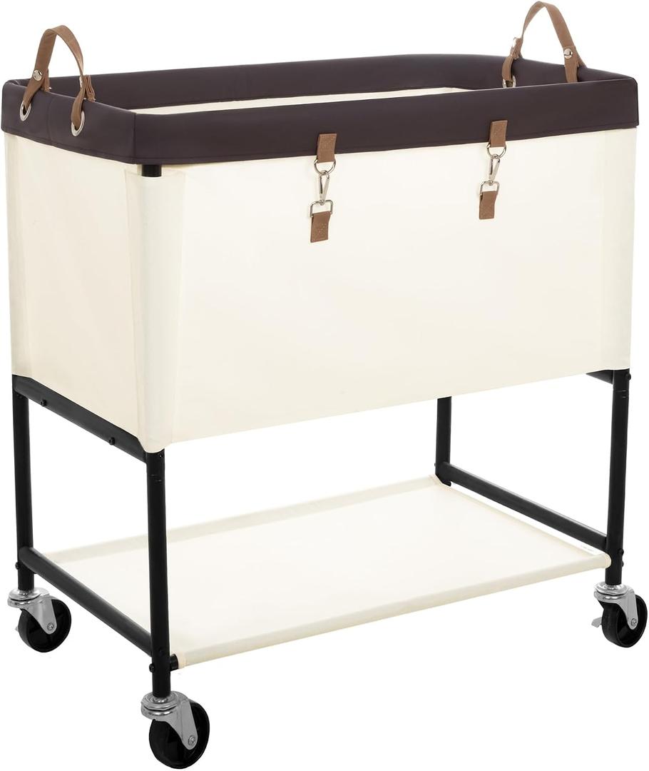 StorageWorks Laundry Cart, 2 Tier Rolling Laundry Basket, Heavy Duty Laundry Basket with Lockable Wheels, Laundry Room Organization and Storage, Clothes Hamper for Bedroom, Dorm, Closet, 46Gal, Beige