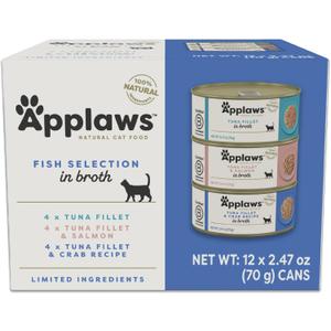 Applaws Natural Wet Canned Cat Food, Limited and Natural Ingredients, High Protein with No Artificial Additives, Fish Selection Variety Pack in Broth (12 x 2.47oz Cans), BB Date 06/18/2028