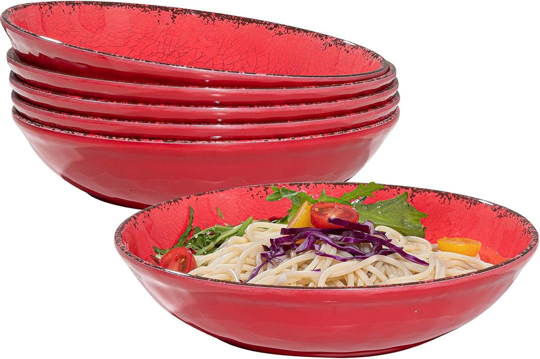 Farmhouse Melamine Pasta Bowls Set of 6, 42 OZ Large Serving Bowls Set, 9.25 inch Ramen Bowls,Wide and Shadow Rustic Red Round Dinner Bowl, Fruit bowl, Noodle Bowl, Salad Bowl Set, Red