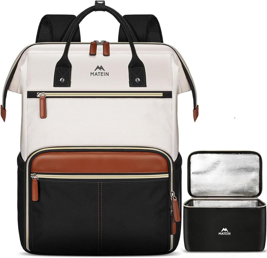 MATEIN Laptop Backpack with Lunch Box, 15.6 Inch Lunch Backpack for Women, College Computer Back Pack Work Backpacks with Insulated Lunchbox Meal Prep Bag for Teacher Nurse Commute Office, 2Pcs Set (Black White Brown)