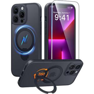 FNTCASE for iPhone 13 Pro-Max Case: [360 Spin Magnetic Stand] [Compatible with Magsafe] [Screen Protector] Translucent Matte Military Grade Shockproof Full Camera Protective Phone Cover - Black
