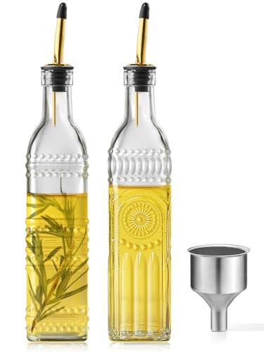 Ruiao 2 Pcs Olive Oil Dispenser Bottle for Kitchen,17oz Clear Glass Cooking Oil and Vinegar Dispenser Set, Coffee Syrup Dispenser with 2 Pourers and 1 Funnel (Two squares)