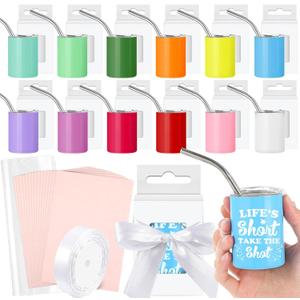 12 Set 3oz Sublimation Shot Glasses Blank Mini Tumbler Shot Glass with Straw and Lid Stainless Steel Cups with Heat Transfer for Spirits Lovers Birthday Valentines Day Gift(Multicolor)