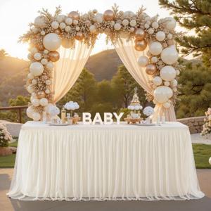 Ivory Tulle Tablecloth for 6 Foot Rectangular Tables 6ft Ivory Table Cloth Rectangle Wrinkle Free Table Cover with Tutu Skirt for Wedding Birthday Party Bridal Shower Banquet Buffet Cake Cocktail